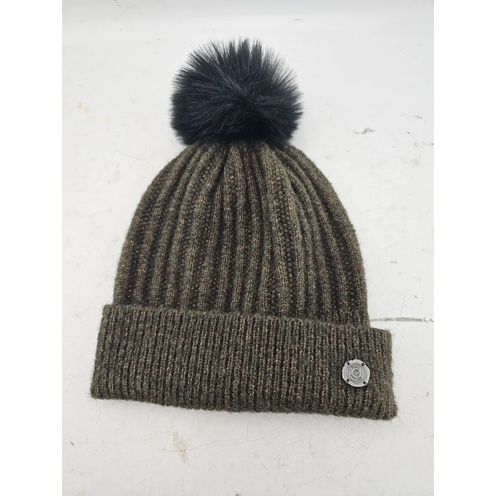 Pistil Piper Olive Green Ribbed Beanie with Faux Fur Pom